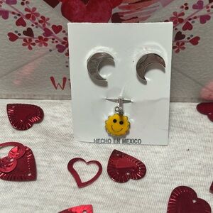 Sterling Silver .925 Crescent Moon Studs with Yellow Smiley Sun Charm -